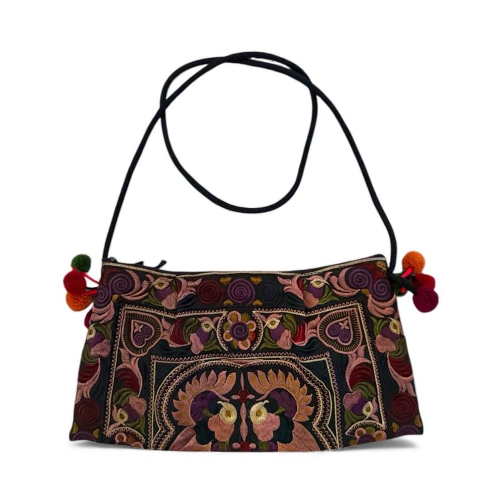 Embroidered Multicolor Crossbody Bag With Pom‎ Poms